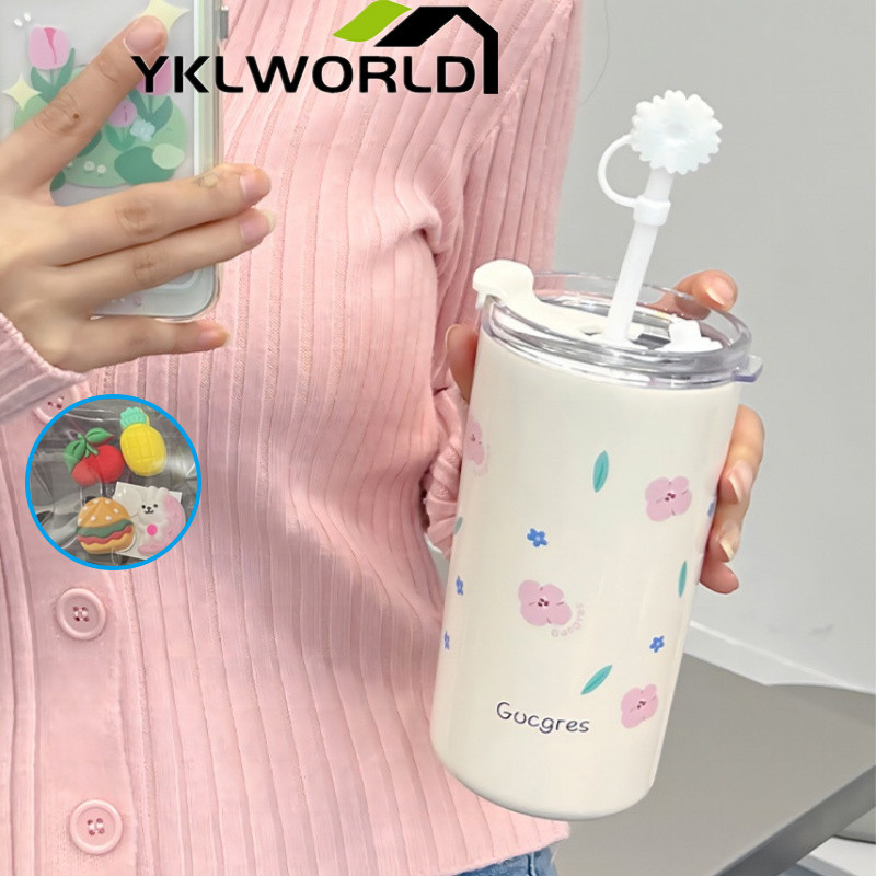 YKLWORLD ของขวัญฟรี แก้วเยติ แก้วเก็บความเย็น เก็บความร้อน ขนาด 500 มล ทรงกระบอก ลวดลายดอกไม้