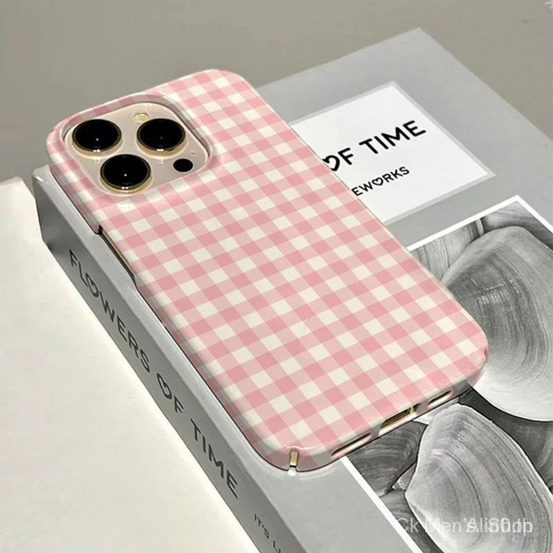 เคสโทรศัพท์มือถือแบบแข็ง ลายสก๊อต สีชมพู เรียบง่าย สําหรับ iPhone 7 8 plus x xs XR xsmax 11 12 13 14 15 16 17 Pro Max mini