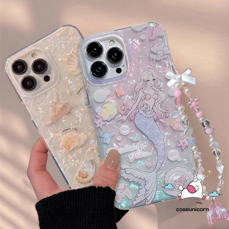 เคสโทรศัพท์มือถือ ลายการ์ตูนเจ้าหญิงนางเงือก พร้อมสายคล้องมือ ประดับไข่มุก สําหรับ Realme C25 C35 C51 C55 C15 C53 C31 C67 Note 50 C17 C11 C12 C21 C33 C20 11 9i 5s 7 5i 6i 5 C21Y C25Y C25s C30 C3