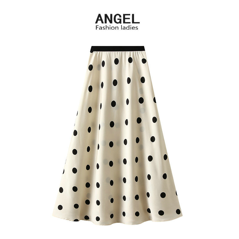 [ 4 สี ]ANGEL แฟชั ่ นผู ้ หญิงซาติน midi กระโปรง Polka Dotted เกาหลียืดหยุ ่ นเอวสูง A-line บางกระโปรงยาวกระโปรงหางปลาสําหรับผู ้ หญิง