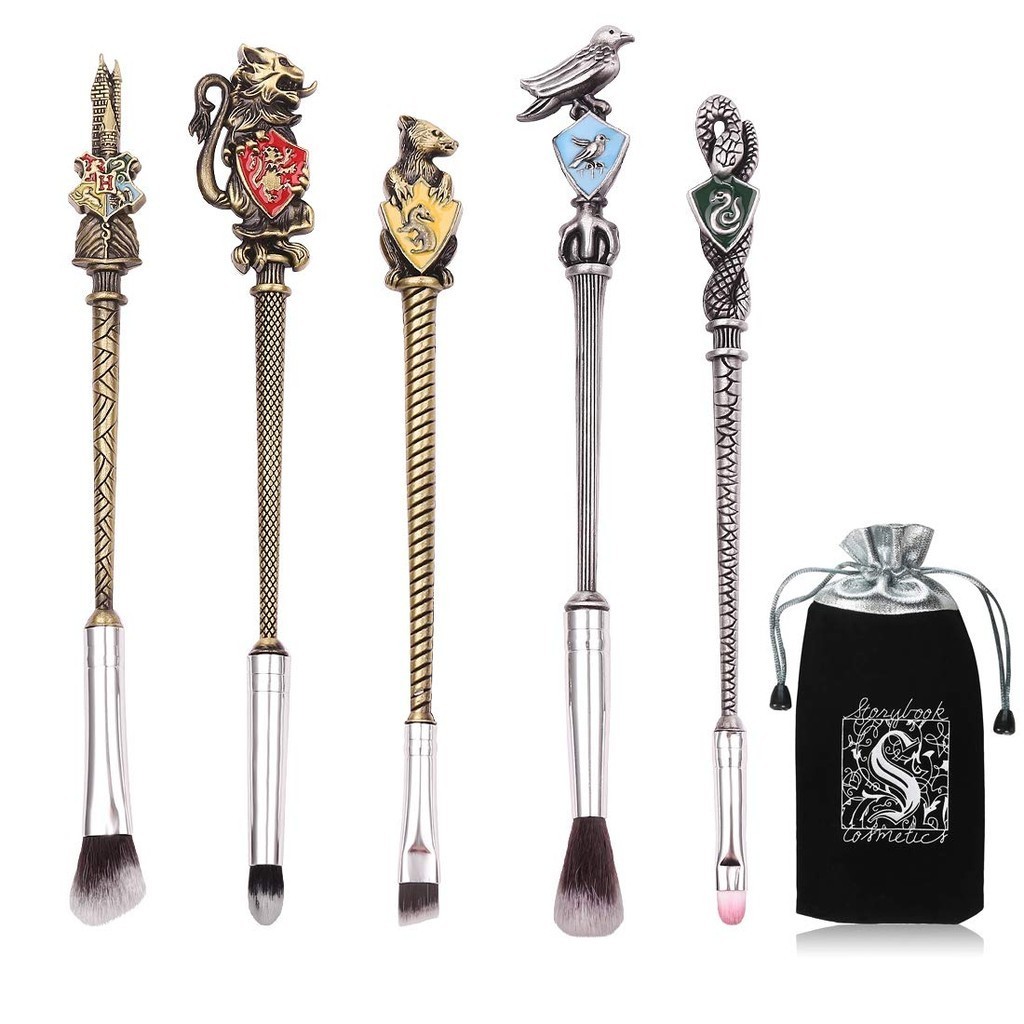 แปรงแต่งหน้า Harry Potter Wizard Wand Magic 5 ชิ้นชุดแปรงเครื่องสําอางสําหรับผู้หญิงอายแชโดว์อายไลเนอร์ผสมดินสอแปรงรองพื้นริมฝีปากพร้อมถุงของขวัญ,Bronze