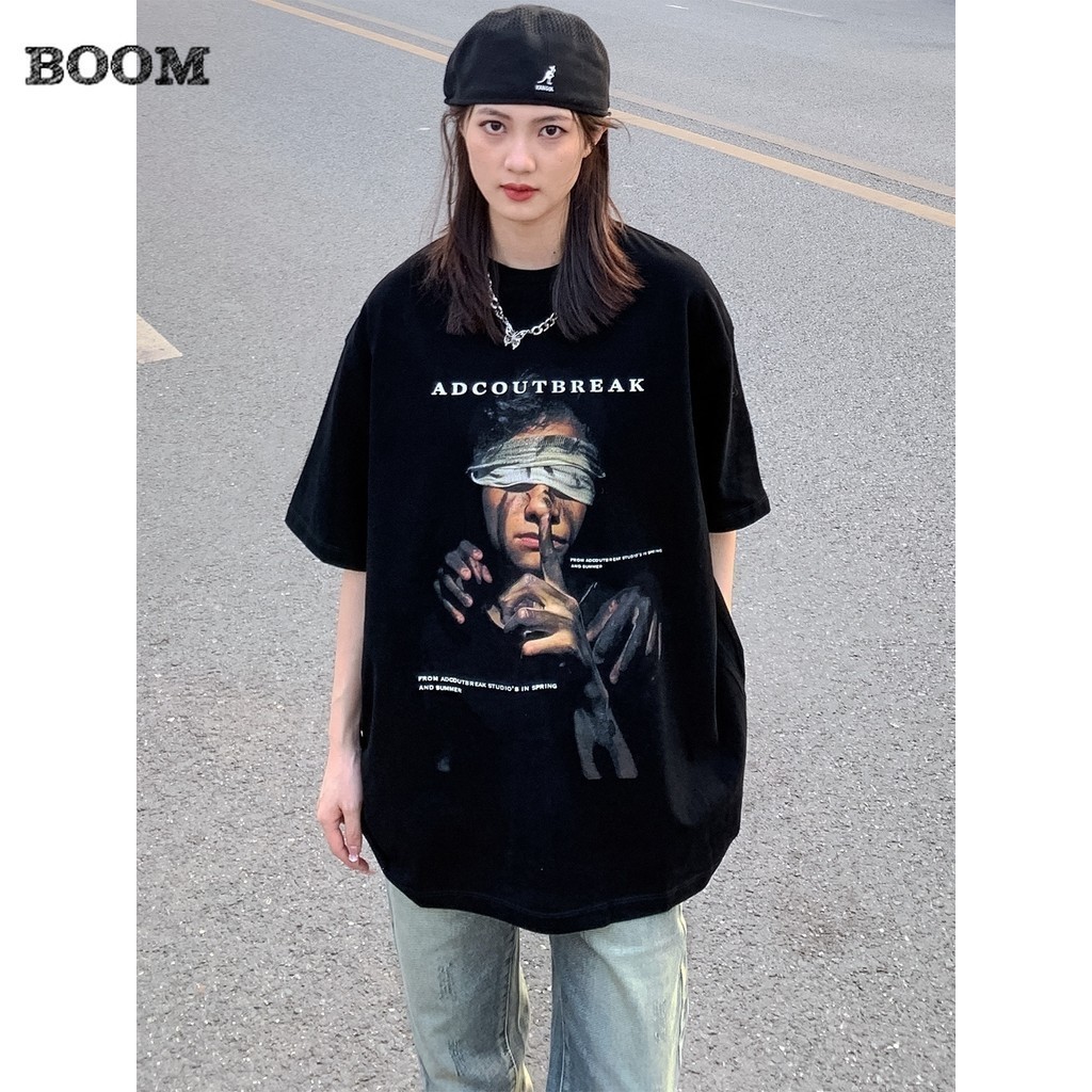 (กรุงเทพจัดส่งสินค้า)BOOM Shop ฤดูร้อนอเมริกันวินเทจเฉพาะกลุ่มสูงถนนยุโรปและอเมริกาหลวมแขนสั้นเสื้อยืดสำหรับผู้หญิง
