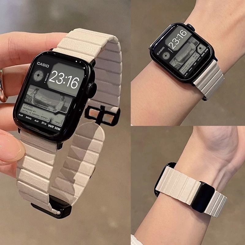 สายคล้องนาฬิกาสไตล์ลำลองหนังแท้บางแม่เหล็ก iwatch7สำหรับ Apple watch9 Apple Watch