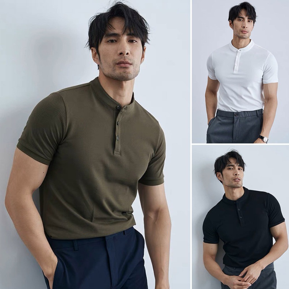เสื้อโปโลแขนสั้นลําลอง แฟชั่นเกาหลี เกาหลี สีธรรมดา เสื้อคอจีน ผ้านิ่มใส่สบาย มีไซซ์ M L XL XXL ชาย/หญิง