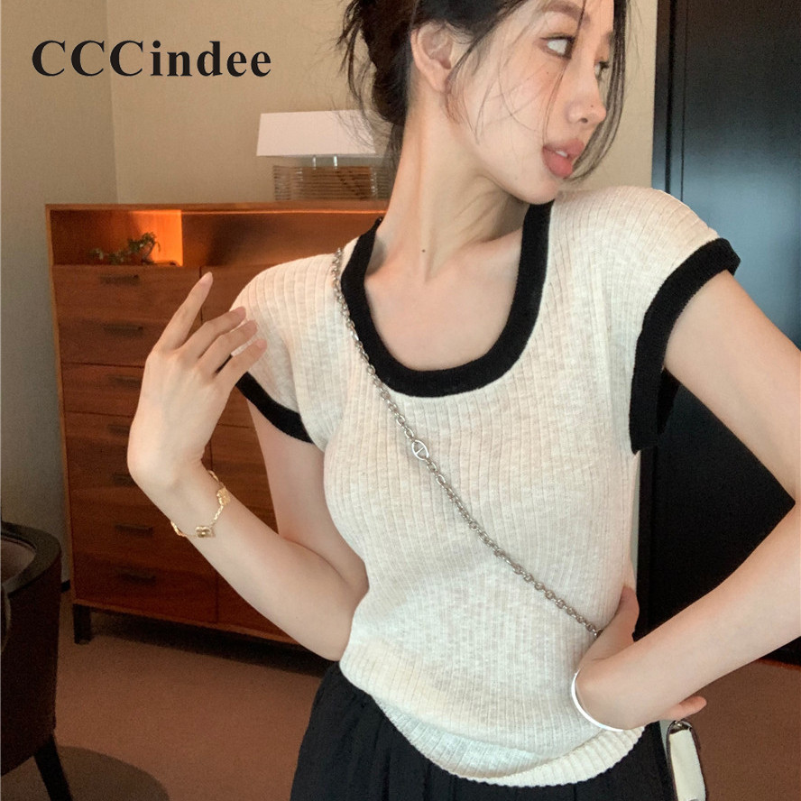 Cccindee ผู ้ หญิง 2024 ใหม ่ แฟชั ่ น Contrast สี U คอถักรอบคอแขนสั ้ นด ้ านบน