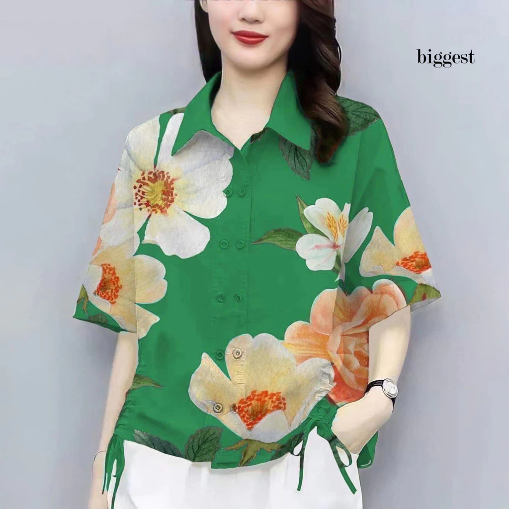 เสื้อลำลองแขนสั้นลายดอกไม้ กระดุม เชือกรูด ทรงหลวม thumbnail 7