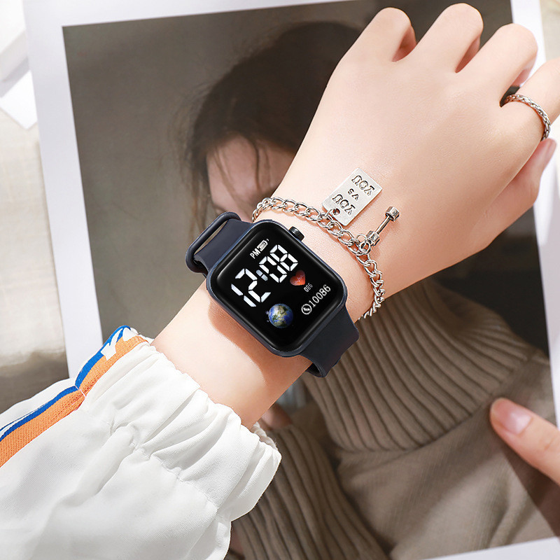 นาฬิกาข้อมืออิเล็กทรอนิกส์ มีไฟ LED แบบเรียบง่าย แฟชั่นสําหรับผู้ชาย และผู้หญิง