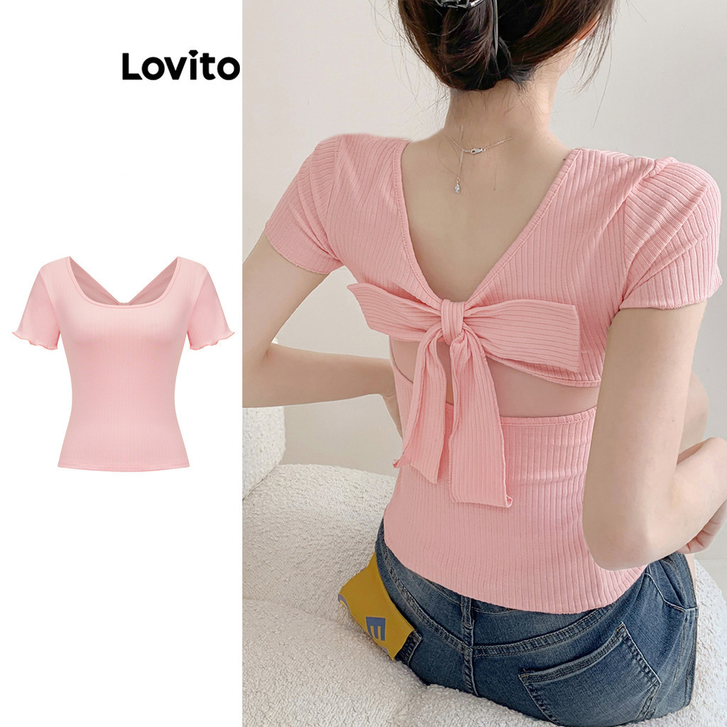 Lovito เสื้อยืดคอกลมหลังโบว์หลังลำลองสำหรับผู้หญิง L85AD061