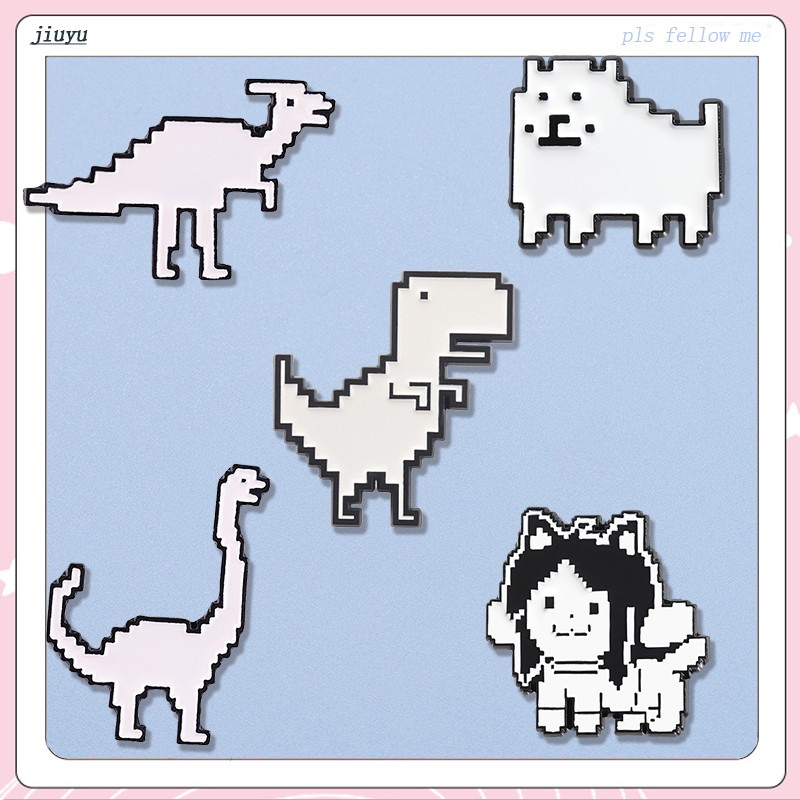 น่ารักพิกเซลสัตว์ขาเข็มกลัดการ์ตูนไดโนเสาร์สุนัขป้ายเข็มกลัดกระเป๋าเป้สะพายหลังเสื้อผ้าตกแต่งอุปกรณ์เครื่องประดับของขวัญ