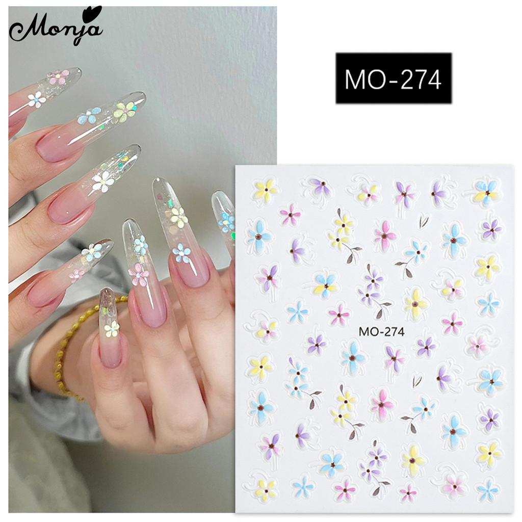Monja 5D สติ๊กเกอร์ติดเล็บนูนดอกไม้บรรเทาน่ารักห้ากลีบดอกไม้ กาวเล็บ Decals แกะสลัก เล็บเครื่องมือ