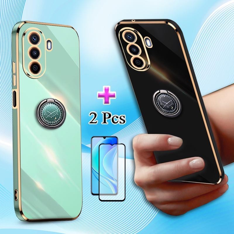 2 IN 1 สําหรับ Huawei Y6P Y6 Pro 2019 Nova Y70 Nova Y70 Plus Honor X8 4G X8A โทรศัพท ์ ขอบตรงชุบด ้ วยแหวนวงเล ็ บและเซรามิค Protector หน ้ าจอ