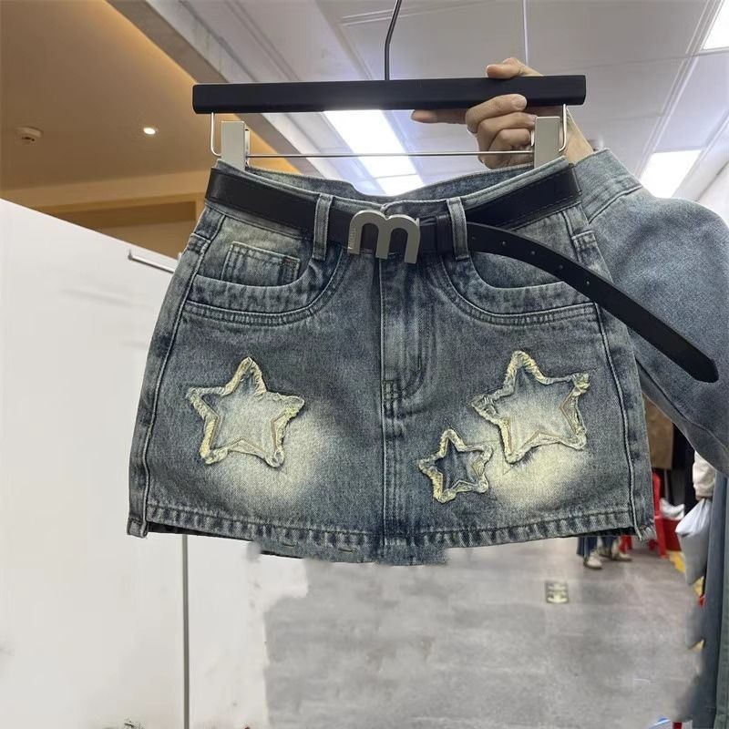 กระโปรงสั้น a-Line กระโปรง Denim สาวร้อน Slimmer ดู Small Man ตกแต่ง Retro Contrast สีกระโปรงเอวสูง Five-pointed Star All-Match Q4W