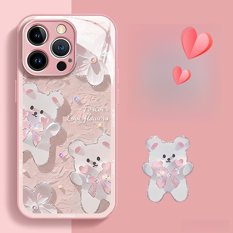Ins สไตล ์ น ่ ารักแก ้ วของเหลว Far Peak Blue ภาพวาดสีน ้ ํามันโบว ์ หมีเคสโทรศัพท ์ เหมาะสําหรับ iphone14Promax/15Promax/iPhone13/12Pro/iphone15/14/13/12/11