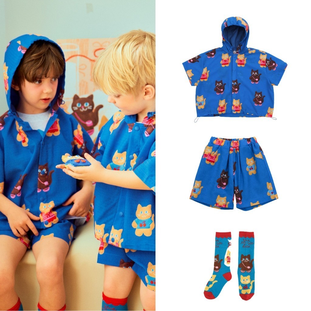 พร้อมส่ง「สินค้าลิขสิทธิ์แท้」Iris kids BEBE 24SS l IKJ240504-IKS240504 Blue kitten jacket / pant เสื้อผ้าเด็ก เเจ๊คเก็ต ก