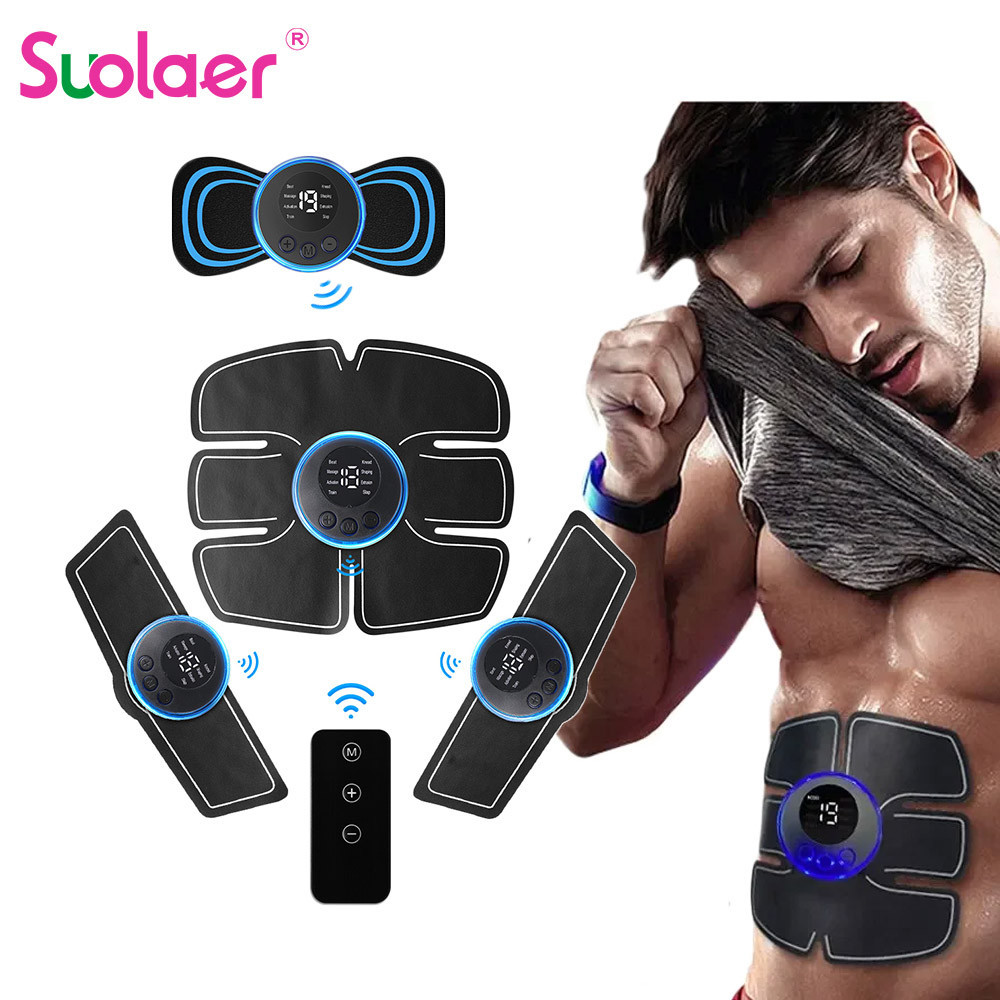 Suolaer รีโมทคอนโทรล EMS เครื่องกระตุ้นกล้ามเนื้อสมาร์ทไฟฟ้าฟิตเนสการฝึกอบรมหน้าท้องสติกเกอร์ลดน้ําหนัก Body Slimming นวด