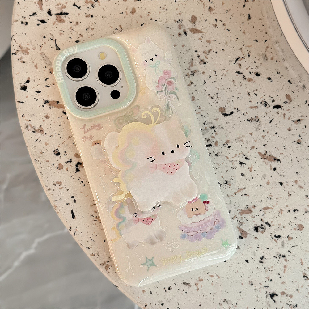 ฤดูร้อนแมวน่ารัก Stand Holder เคสโทรศัพท์สําหรับ IPhone 11 15 14 13 12 Pro Max X XR 8 7 Plus กันกระแทก Soft TPU ฝาหลัง