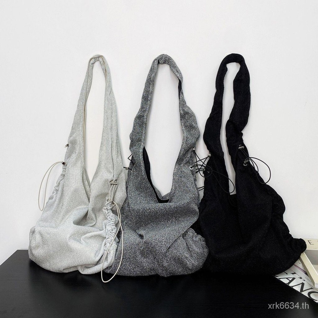Zopiclone Pleated Design Niche Silver Thread Shiny Shoulder Tote Bag Drawstring Underarm Bag