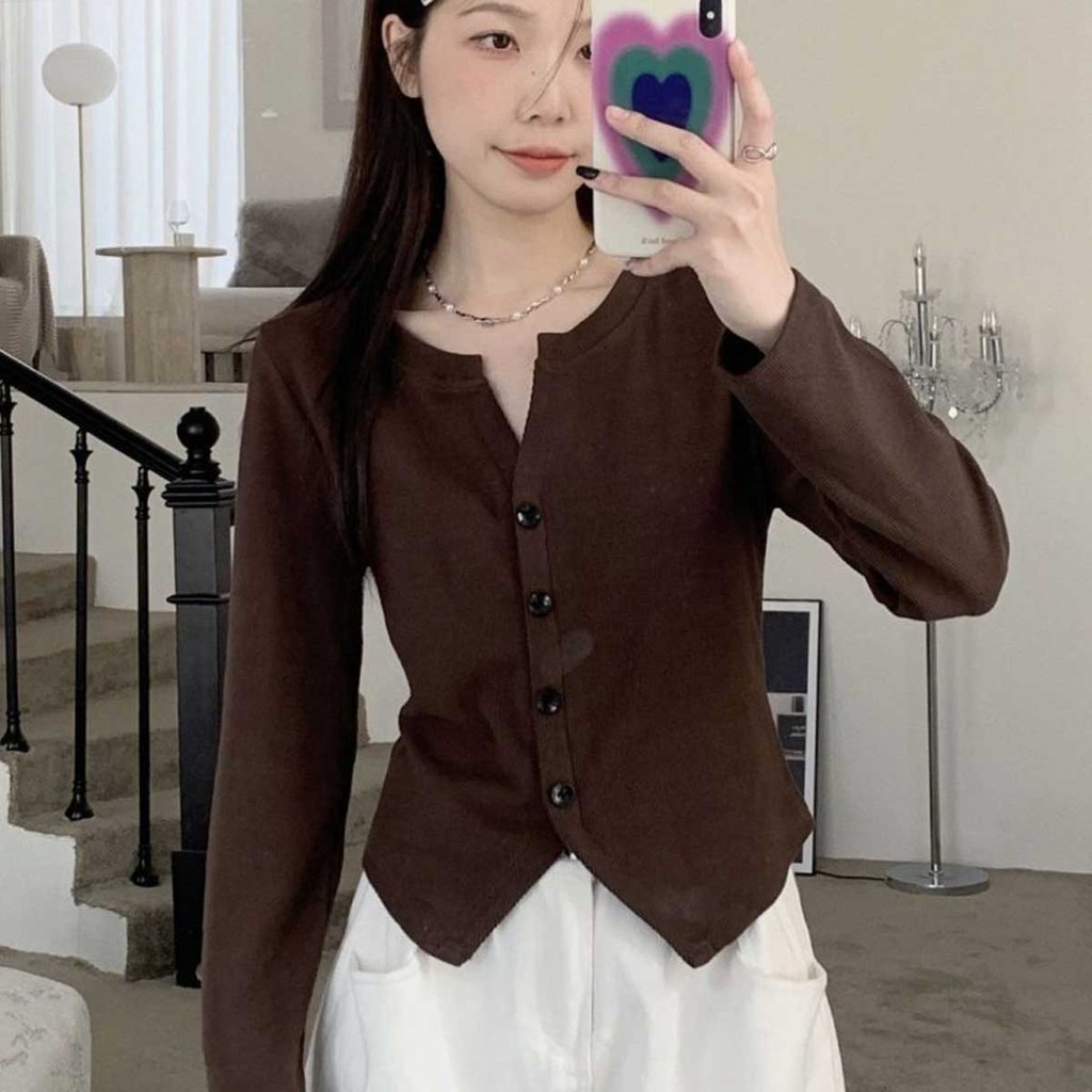 เสื้อแขนยาวผ้ายืดนุ่ม ดีเทลน่ารักสไตล์เกาหลี