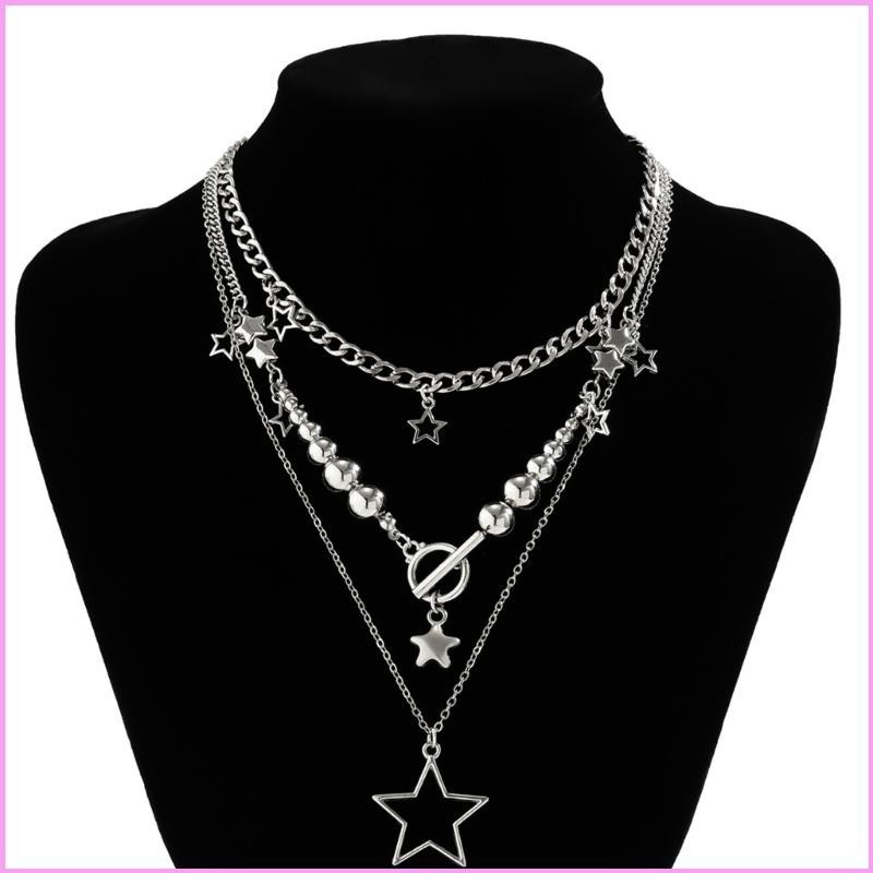 Inf 3 ชิ ้ นชุด Multilayer Star จี ้ สร ้ อยคอแฟชั ่ น Hip Hop Star Fringe Clavicle