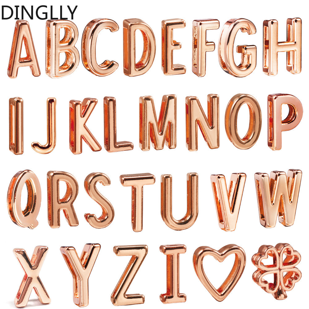 Dinglly Rose Gold สีตัวอักษรภาษาอังกฤษลูกปัดใหม่ 10 มม.* 2 มม.Square Hole Charm Fit 10 มม.สร้อยข้อมือผู้หญิง Diy อุปกรณ์เสริม