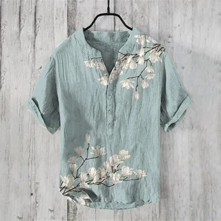 ผู้ชายญี่ปุ่นแฟชั่นขนาดเล็กคอวีเสื้อ henley ผู้ชายวินเทจญี่ปุ่นศิลปะ Magnolia ดอกไม้ V คอเสื้อลําลอง