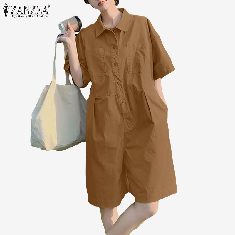 Zanzea ผู ้ หญิงเกาหลีโปโลคอปกแขนสั ้ นวันหยุดแฟชั ่ นขากว ้ างหลวมJumpsuit