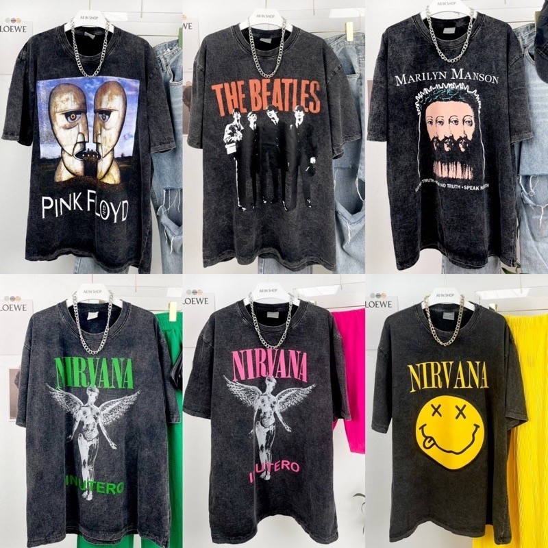 （จัดส่งตลอด 24 ชั่วโมง）HY trendy menswear พร้อมส่งเสื้อยืดผ้าฟอกวินเทจ โอเวอร์ไซส์ เสื้อวง