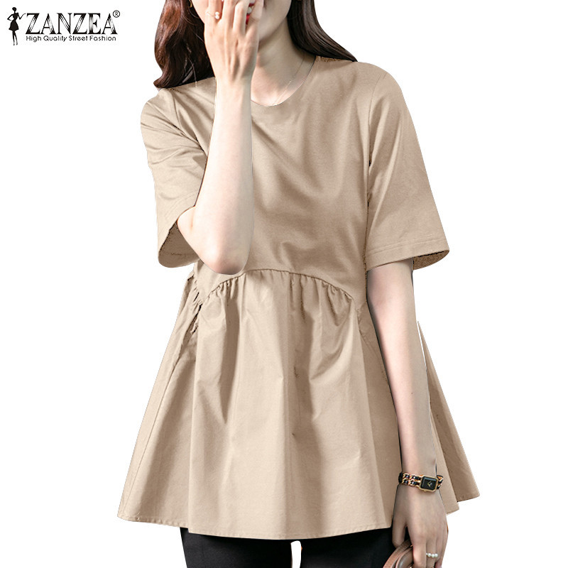 Zanzea ผู ้ หญิงเกาหลีลําลองคอกลมแขนสั ้ นเย ็ บปะติดปะต ่ อกันหดจีบหลวมเสื ้ อเฮ ็ ม