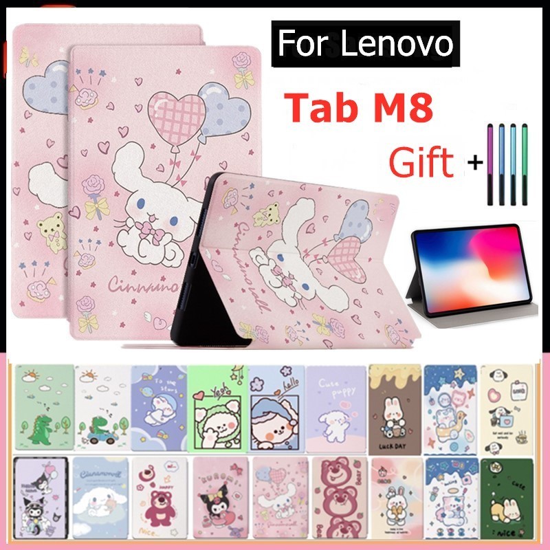สําหรับ Lenovo Tab M8 TB-8505F/TB-8505X /M8 (2nd Gen) TB-8705F (FHD) /M8 (3rd Gen) TB-8506F เด็กน่ารักการ์ตูน Kuromi สตรอเบอร์รี่หมีกรณีสมาร์ทขาตั้งหนังสีชมพูกันกระแทกฝาพับ