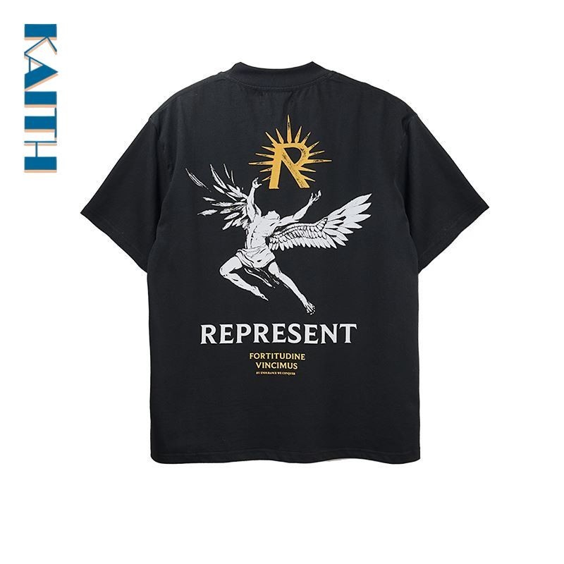 #T4 ผ้าฝ้ายยอดนิยม Plus ขนาดคู่ Hand Drawn Angel Sun R รูปแบบ Two Tone Letter พิมพ์กราฟิก Tee Crewneck Vintage Streetwear เกาหลี Unisex เสื้อยืดสําหรับชาย