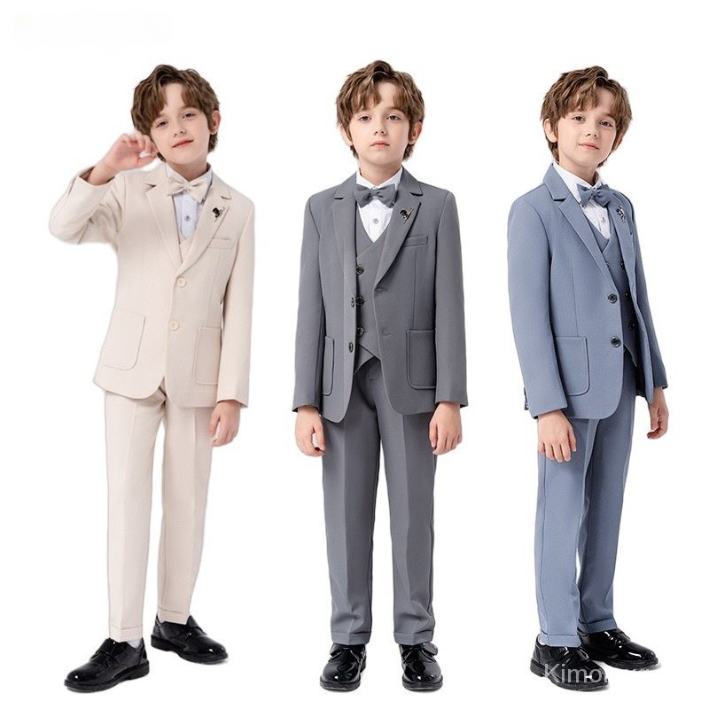 5 ชิ้นชายชุด Tuxedo Blazer เสื้อกั๊ก Bowtie ชุดเด็กอย่างเป็นทางการสําหรับงานแต่งงาน Beige สีฟ้าสีเทาชุด 2-14 ปีชาย photoshoot ชุด