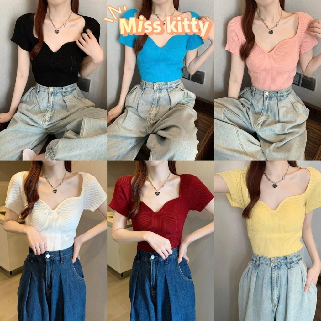 Miss Kitty พร้อมส่ง ท่านหญิงเสื้อไหมพรมแขนสั้น คอวีรัดรูปใส่สบายผ้าร่อง *5972-1-C*