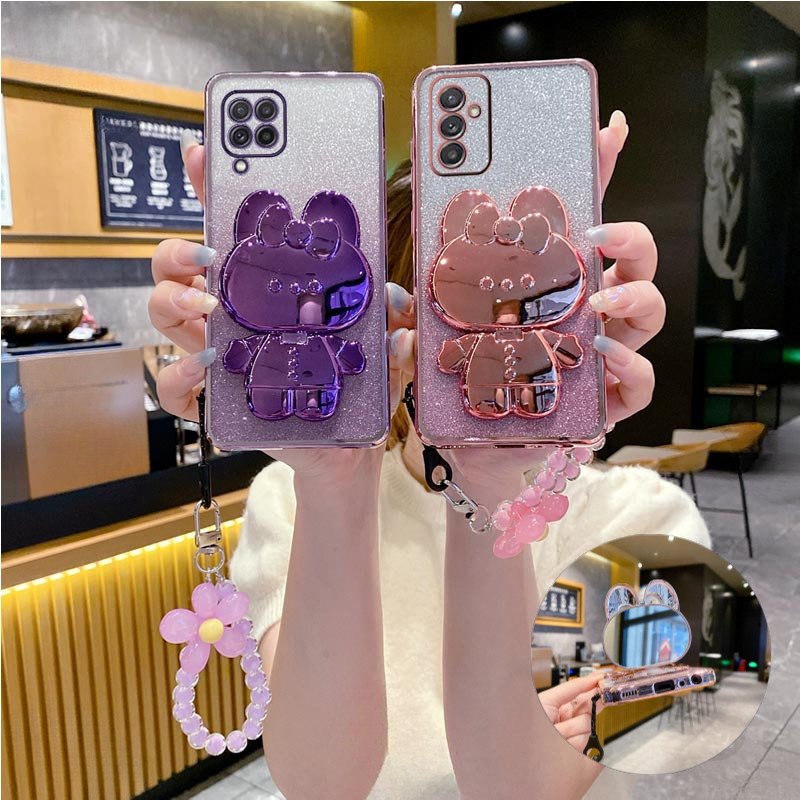 SAMSUNG สําหรับsamsung Galaxy A16 A06S A15 A25 A35 A55 A05S A05 A14 A04S Glitterชุบกระต่ายกระจกผู้ถือเคสโทรศัพท์ฝาครอบดอกไม้โซ่