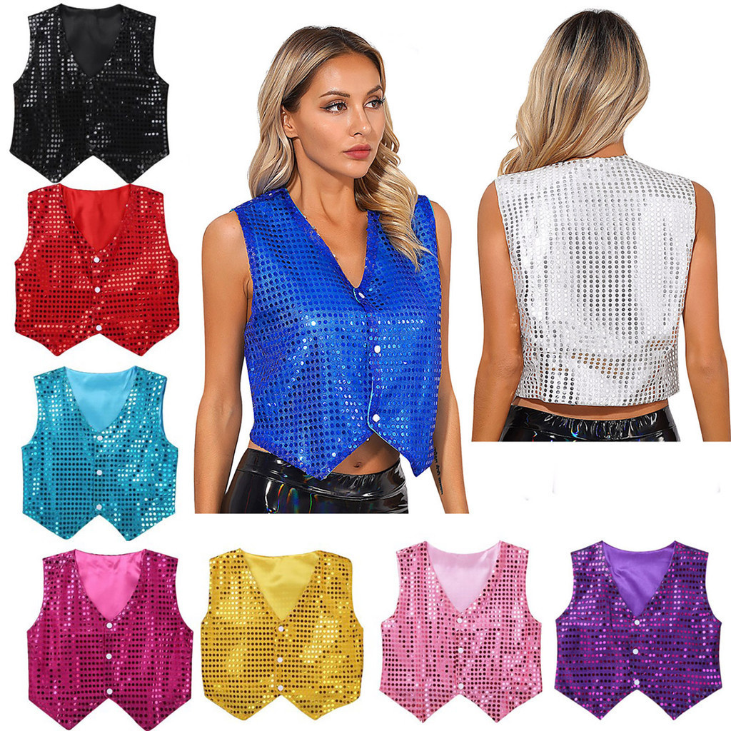Venjoe Womens Glitter Sequins Vest Button Up Pointed Hem เสื้อกั๊กเครื่องแต่งกายสําหรับ Jazz Dance Stage Performance