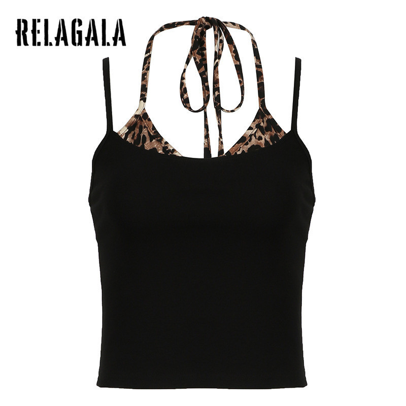 Relagala ผู้หญิง 2024 ใหม่แฟชั่นเสือดาวพิมพ์ Suspender อเนกประสงค์สายคล้องคอเซ็กซี่คอ Slim Crop Top