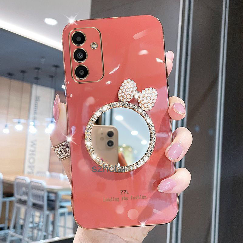 เคส Samsung A15 A25 A35 A55 เคสโทรศัพท์ชุบหรูหรา ฝาครอบกรณีเชลล์พร้อมกระจกแต่งหน้าโบว์มุก สำหรับสาวๆ เคสโทรศัพท์ Samsung A15 A25 A35 A55