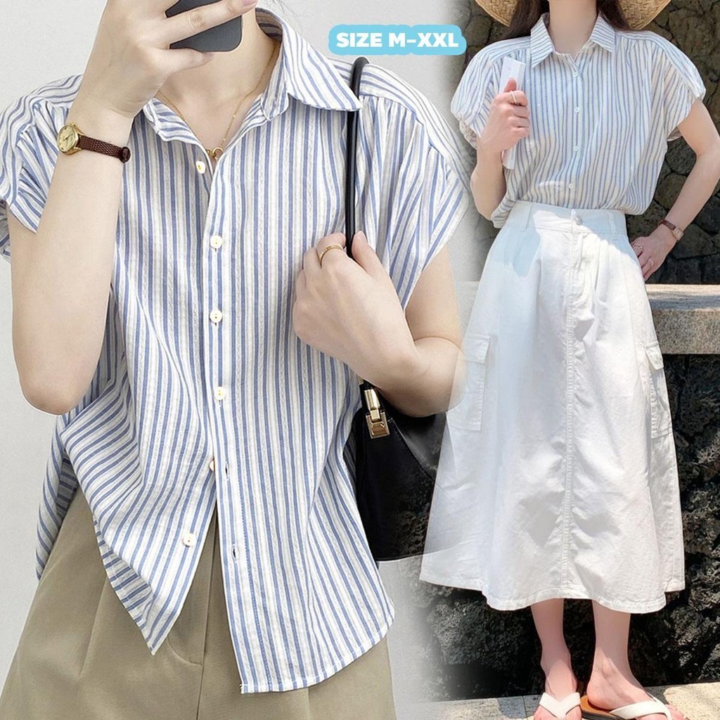 MIMI&DIDI#เสื้อเชิ้ตแขนสั้นแฟชั่นผู้หญิง เสื้อลำลอง ฤดูร้อนลายทาง หวานและน่ารักW396