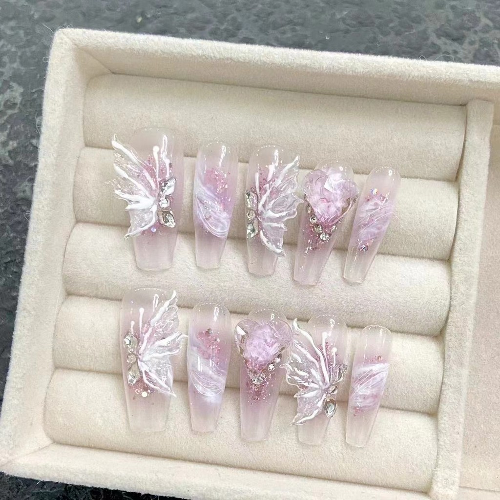 HANDMADEArtificial Nail Long/Almond Fairy Ice Crystal Butterfly ชุดเล็บปลอมพร้อมกาวนํากลับมาใช้ใหม่และถอดออกได้กดบนเล็บ