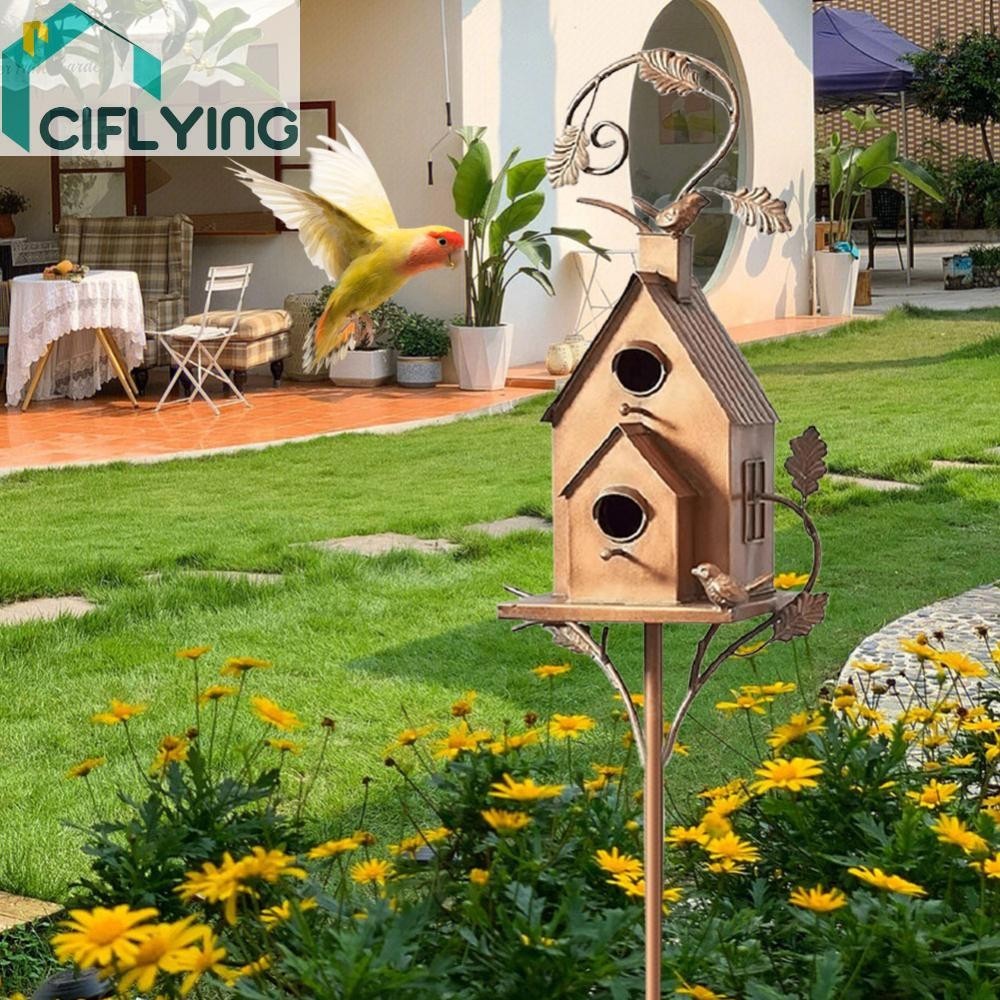 Birdhouse Garden Stakes บ ้ านนกโลหะพร ้ อมเสาสําหรับตกแต ่ งสวนลานกลางแจ ้ ง [Ciflying.th ]