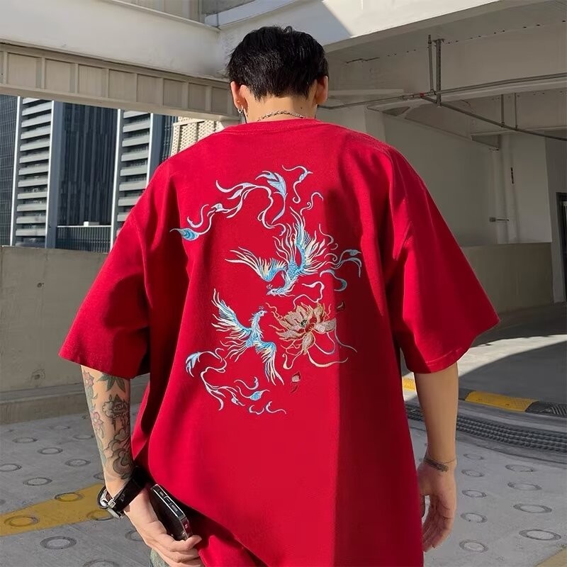 Plus ขนาด M-8XL เสื้อยืดผู้ชายผ้าฝ้ายเสื้อสวมหัว Oversize แขนสั้น Plus ขนาด Tshirt สไตล์ฮ่องกงจีน-Chic Wind phoenix พิมพ์เสื้อยืดขนาดใหญ่ครึ่งแขนเยาวชน Tees