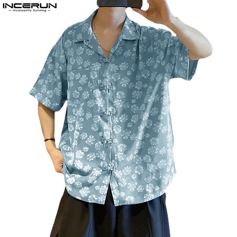 ไม่แน่นอน ผู้ชายเกาหลีลําลองเปิดลงปกดอกไม้พิมพ์เสื้อแขนสั้น