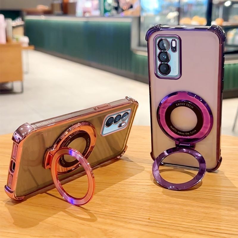 เคสขาตั้งแม่เหล็กสําหรับ OPPO Reno 6 Pro Reno 5 Pro Reno 5K ชุบปกอ่อนโปร่งใสพร้อมการป้องกันเลนส์กล้องเต็มเคสโทรศัพท์ป้องกันการตก