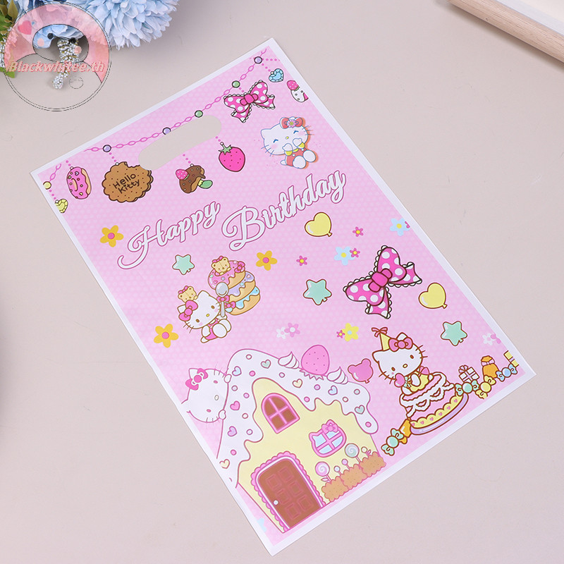 Bwhte 10 ชิ้น Sanrio Hello Kitty วันเกิดตกแต่ง KT แมวพลาสติกถุงของขวัญฟิล์มมุกของขวัญ PE กระเป๋าสาวอุปกรณ์ตกแต่ง.