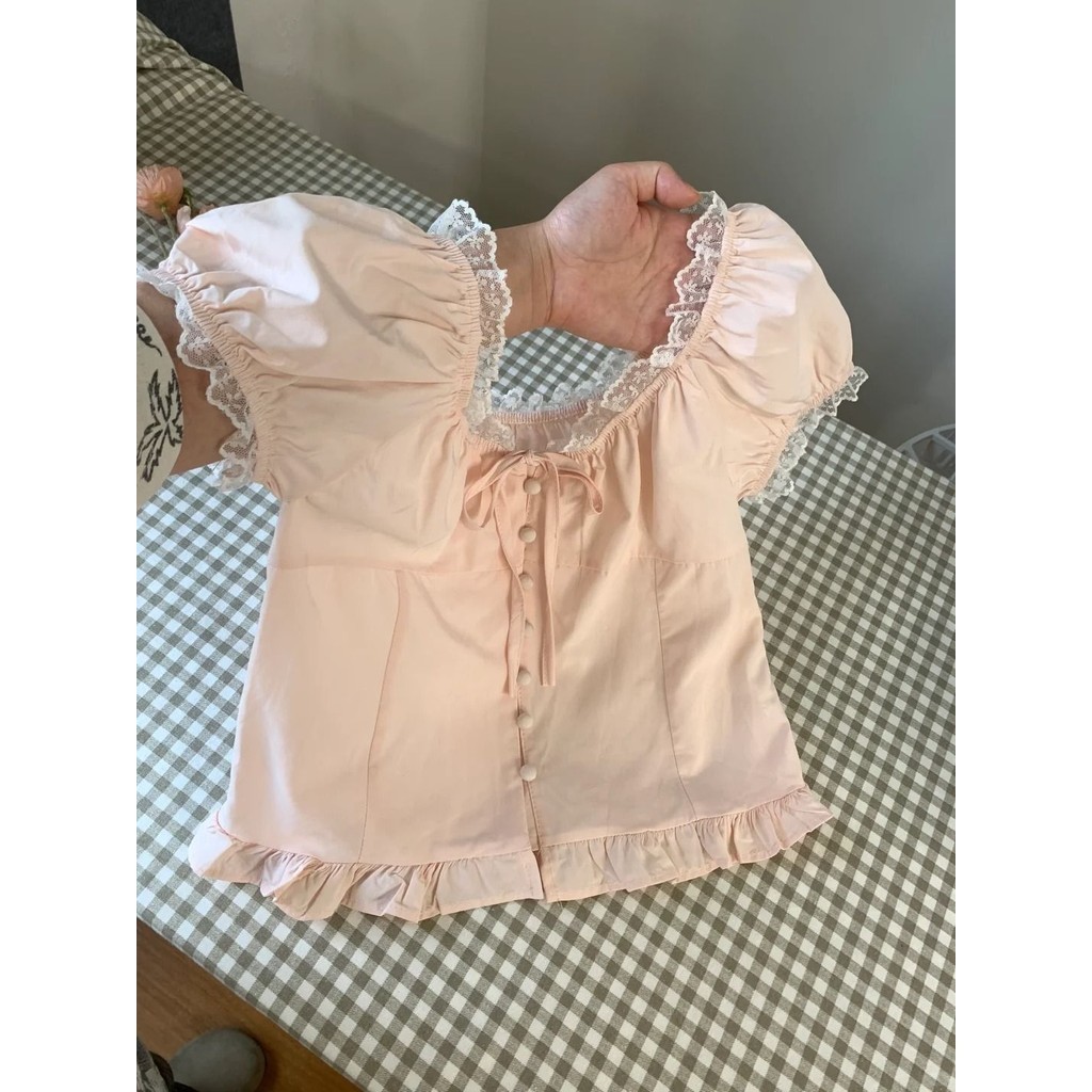 สไตล์ฝรั่งเศสน่ารักเยาวชน-ตามหาพัฟแขนลูกไม้ลูกไม้ปาเก็ตตี้-สายรัดเสื้อกั๊กผู้หญิงฤดูร้อนหลวมโบว์สั้นบนเสื้อผ้า