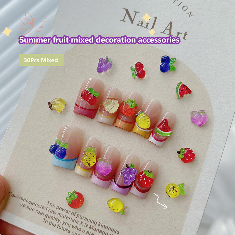 [maybeauty] 30 ชิ้นผสมผลไม้รูปร่างตกแต่งเล็บสามมิติองุ่นสตรอเบอร์รี่ Cherries อุปกรณ์เล็บเล็บ Paing ร้านทําเล็บ DIY {TH}