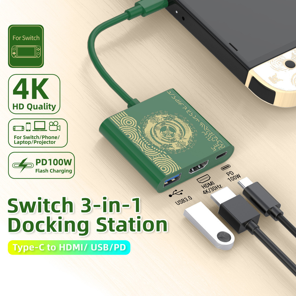 Switch Docking Station 3-in-1 USB Type C ถึงอะแดปเตอร์ HDMI สําหรับ Nintendo Switch 1/ 2/ OLED 100W PD พอร์ตชาร์จสําหรับแล็ปท็อปแท็บเล็ตโทรศัพท์มือถือ SteamDeck