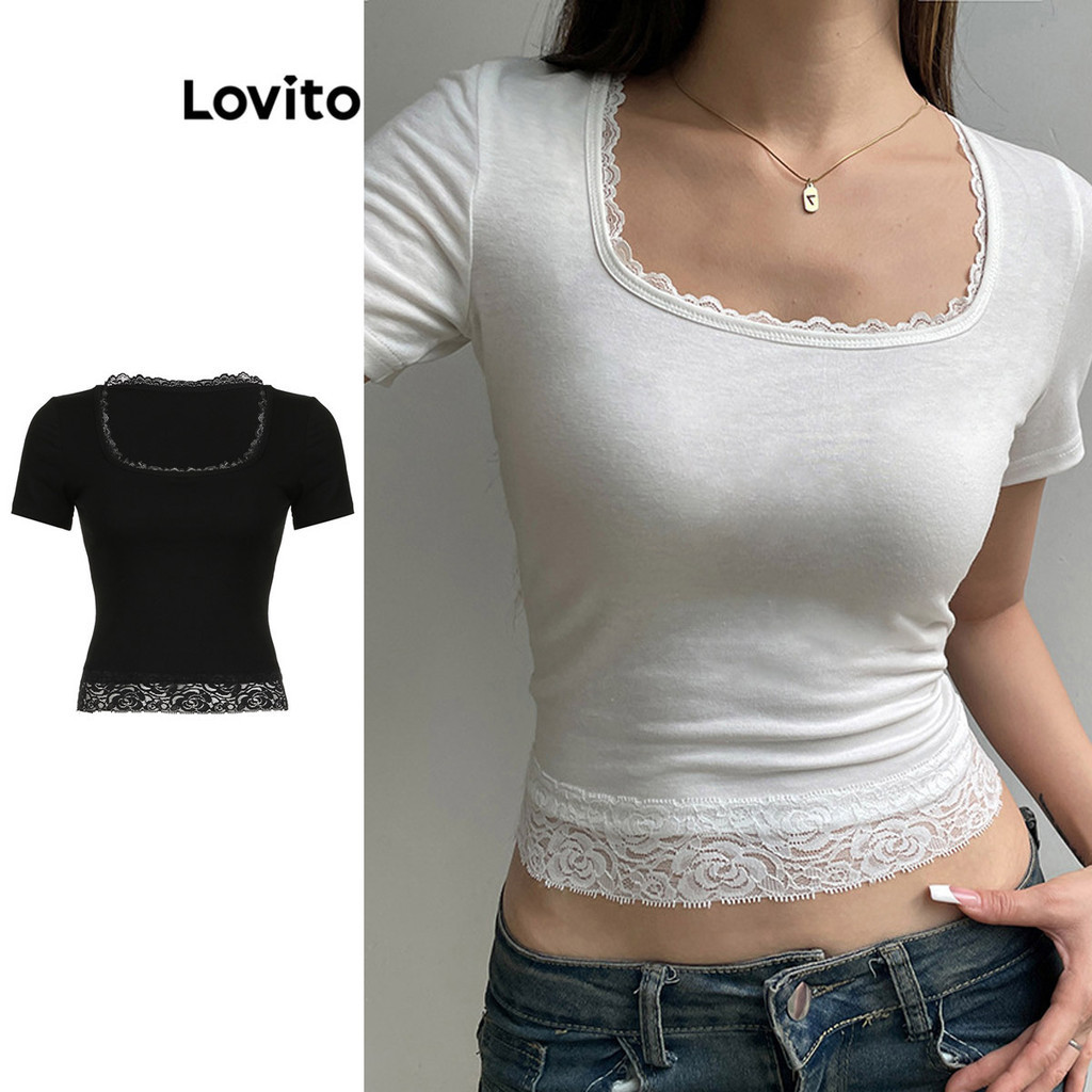 Lovito เสื้อผู้หญิง ผ้าเย็บต่อ แต่งลูกไม้ สีพื้น สไตล์ลำลอง LNE53340