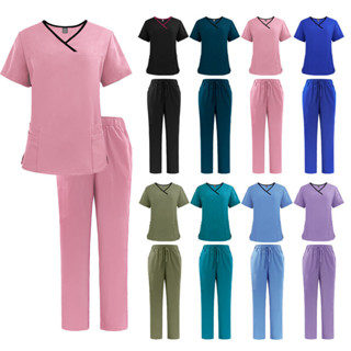 [เสื้อ + กางเกง] แฟชั่นผู้หญิงยืดหยุ่นริ้วรอยระบายอากาศขัดชุ…