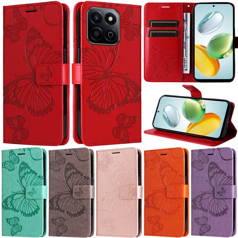 หนังสําหรับ Huawei Honor X7C X9C X6B X5B Plus X8B X9B X7B 200 Pro 200 Lite X6A Honor 200 สมาร์ท 5G ผีเสื้อรูปแบบกระเป๋าสตางค์ช่องใส่การ์ดที่วางโทรศัพท์ขาตั้งฝาครอบ