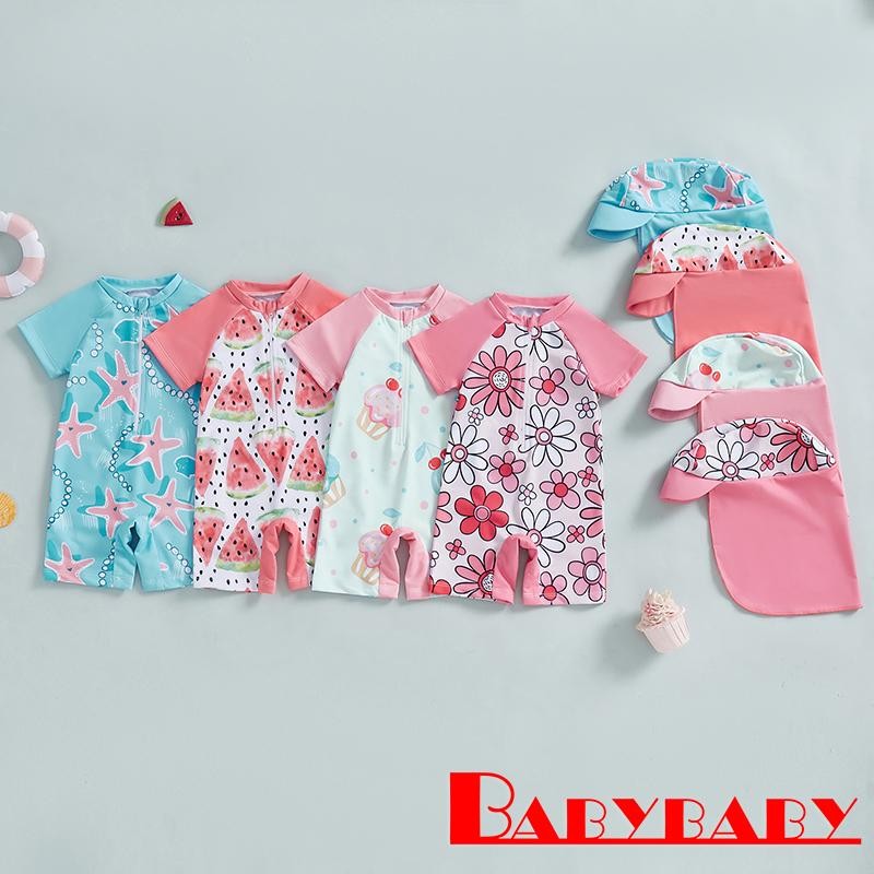 Bab-toddler Girls Rash Guard ชุดว่ายน้ําพร้อมหมวก Zip Up แขนสั้นคอลูกเรือ